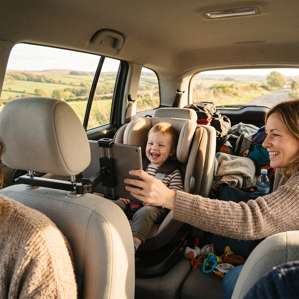 Child watching a tablet on a Roadly CarView headrest mount during a family road trip