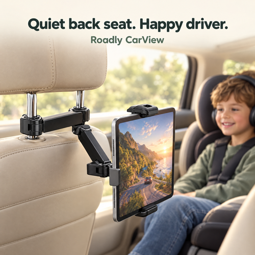 Roadly CarView tablet holder clamped to both headrest posts, holding a tablet at eye level