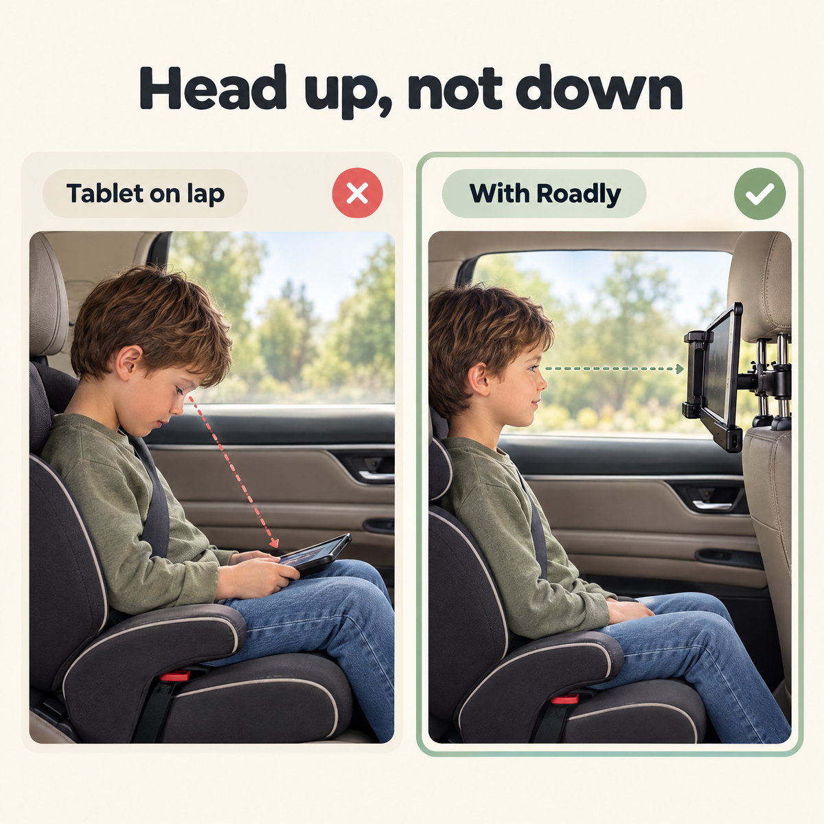 Head up, not down: child looking down at a tablet on their lap vs sitting upright with Roadly CarView
