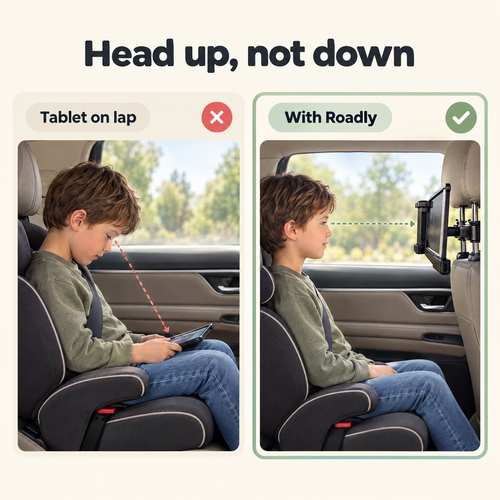 Head up, not down: child looking down at a tablet on their lap vs sitting upright with Roadly CarView