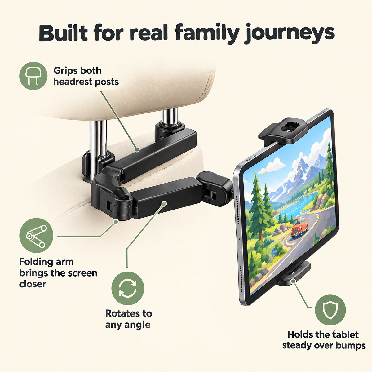 Roadly CarView features: grips both headrest posts, folding arm, rotates to any angle