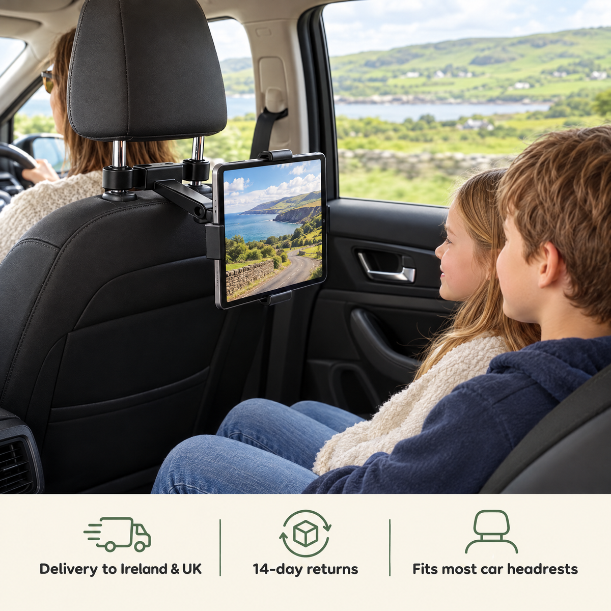 Two children sharing a tablet on a Roadly CarView mount during a family road trip